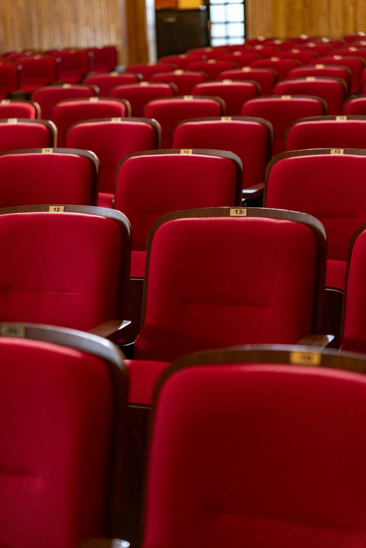 Empty red theater seats in concert hall auditorium